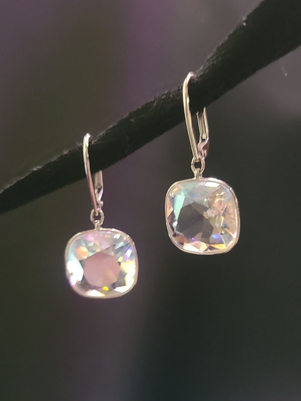 Authentic Swarovski 12mm Clear Cushion-Cut Crystal Leverback Drop Earrings